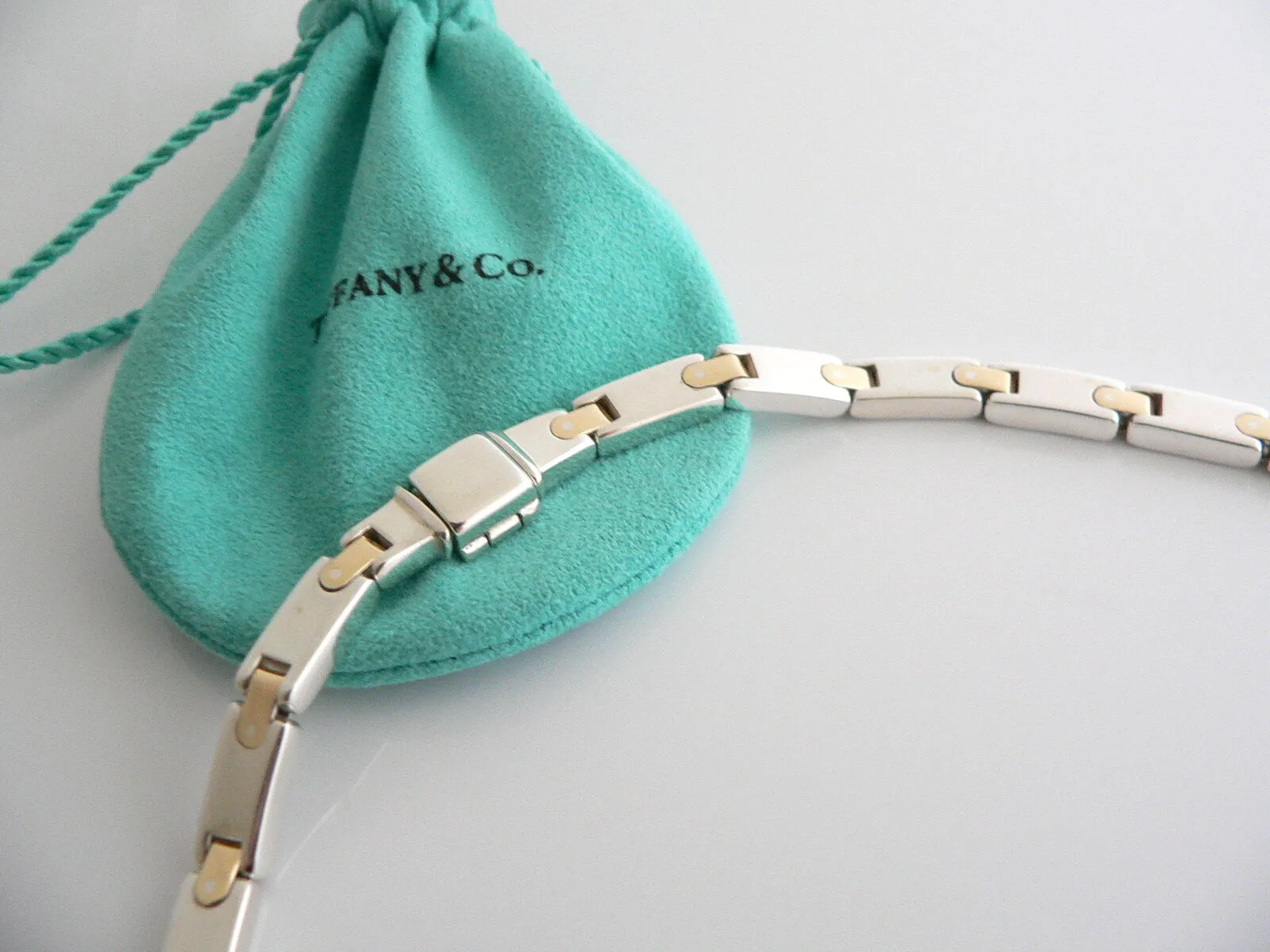 Tiffany & Co Silver Gold Rectangle Bar Link Necklace Pendant Chain Gift Love