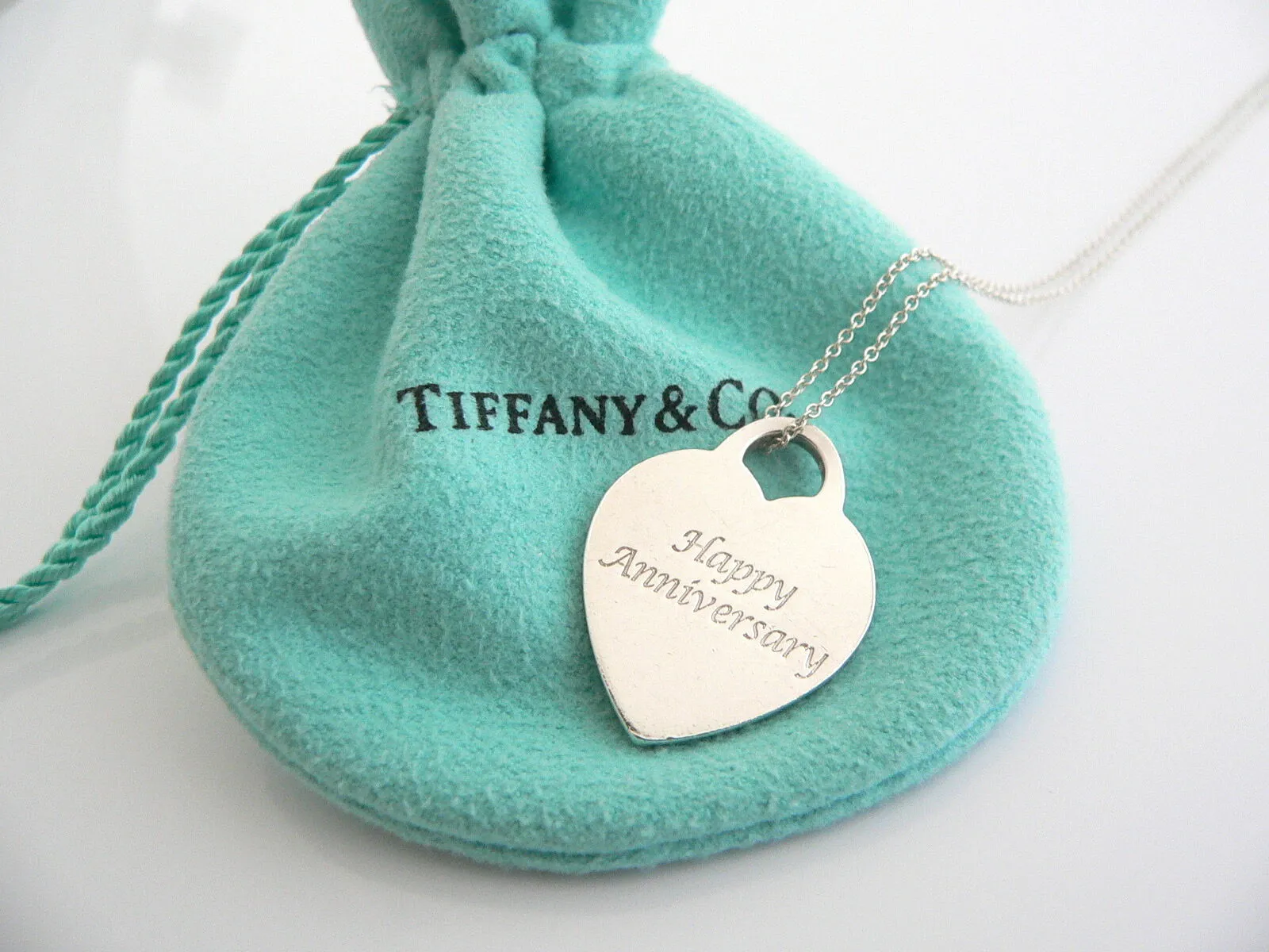 Tiffany & Co Silver Heart HAPPY ANNIVERSARY Medium Necklace Pendant Charm Chain