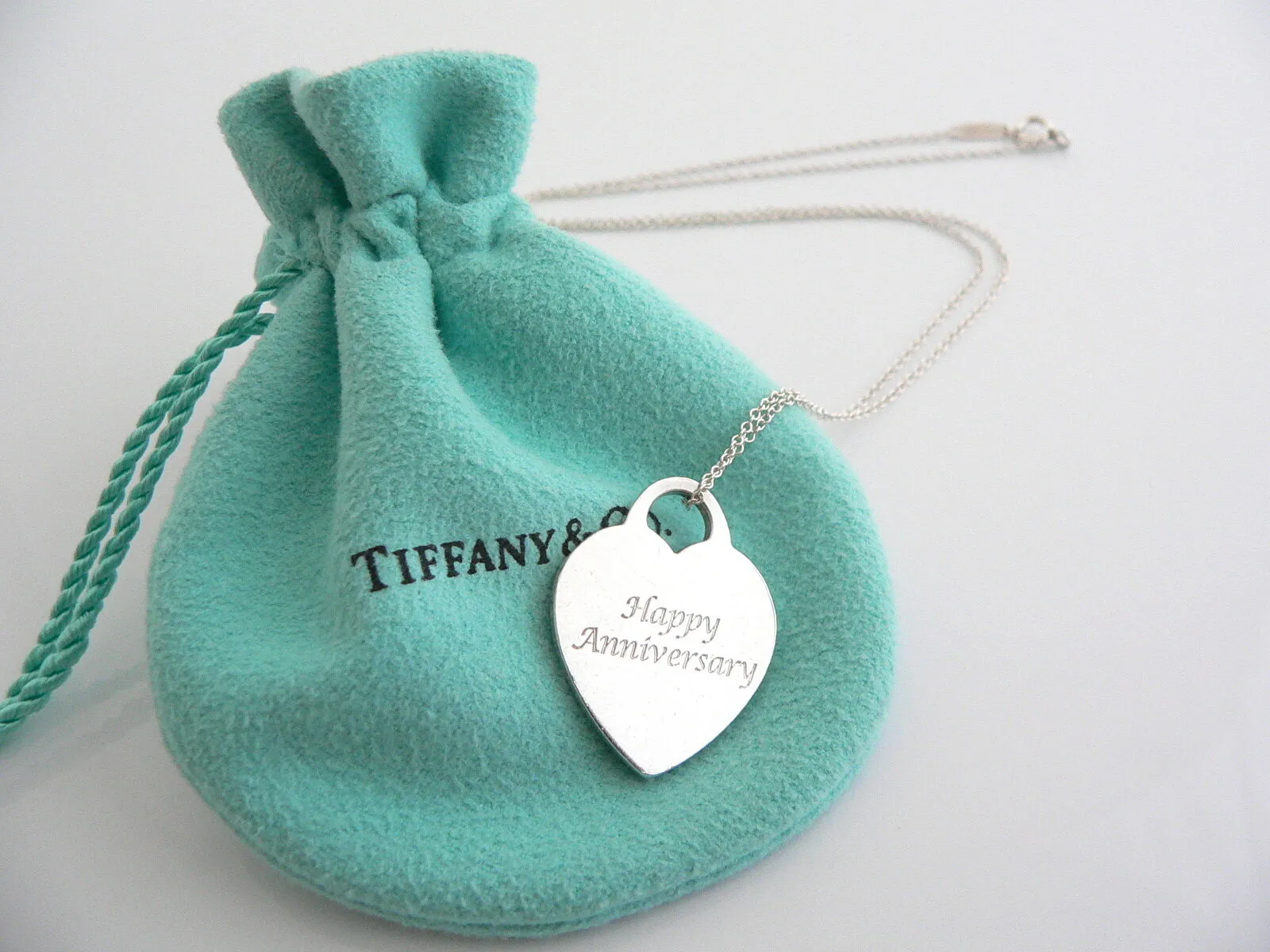 Tiffany & Co Silver Heart HAPPY ANNIVERSARY Medium Necklace Pendant Charm Chain