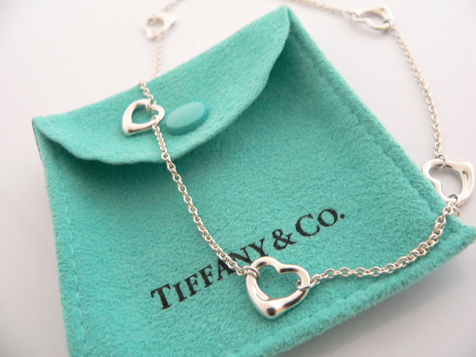 Tiffany & Co Silver Peretti 7 Open Heart Necklace Pendant Charm Chain Gift Pouch