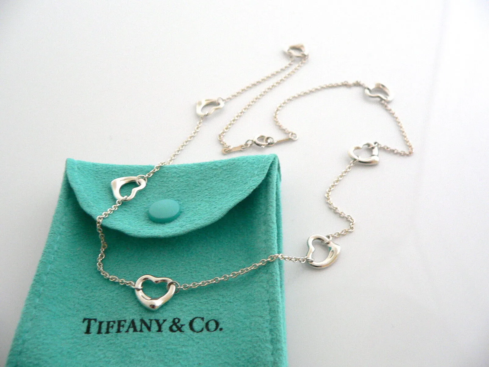 Tiffany & Co Silver Peretti 7 Open Heart Necklace Pendant Charm Chain Gift Pouch