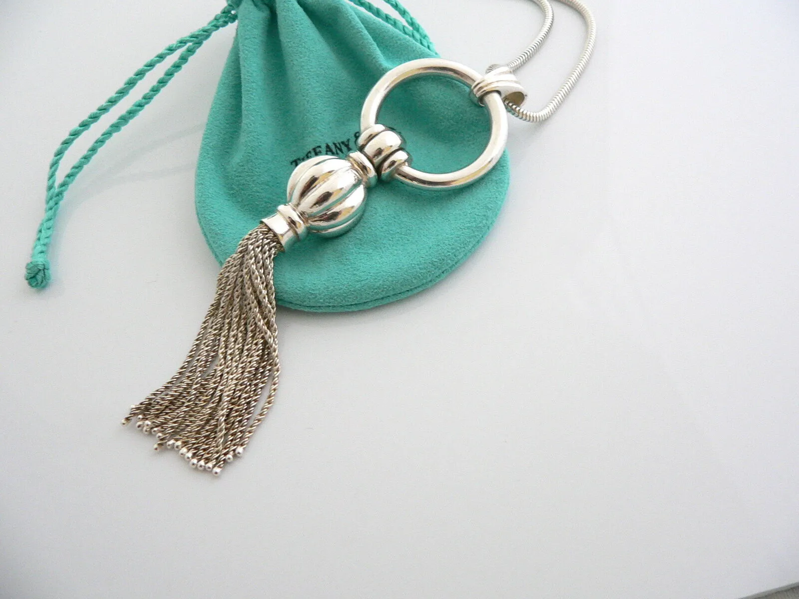 Tiffany & Co Silver Tassel Dangle Dangling Necklace Pendant 28 Inch Chain Gift