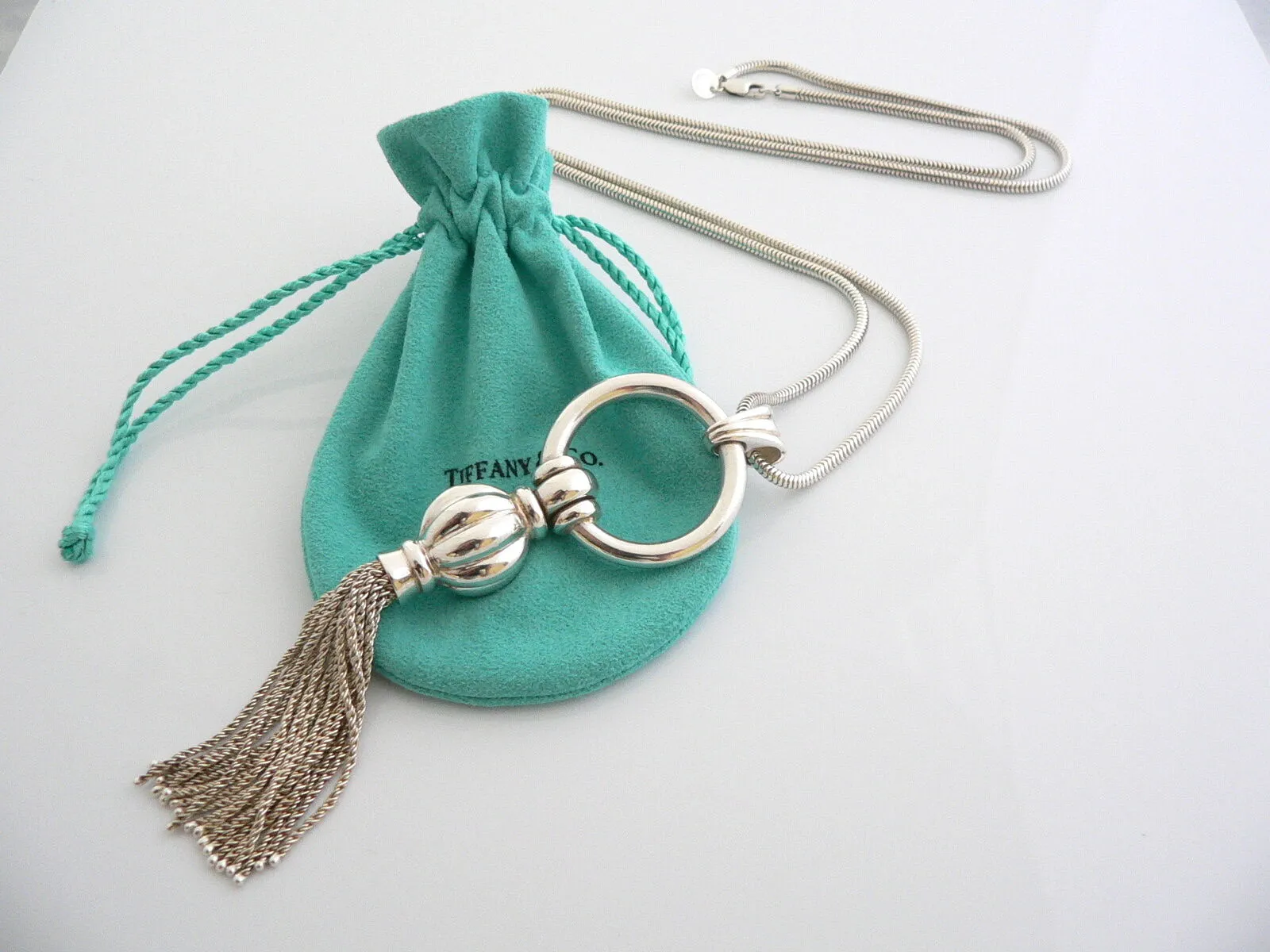 Tiffany & Co Silver Tassel Dangle Dangling Necklace Pendant 28 Inch Chain Gift
