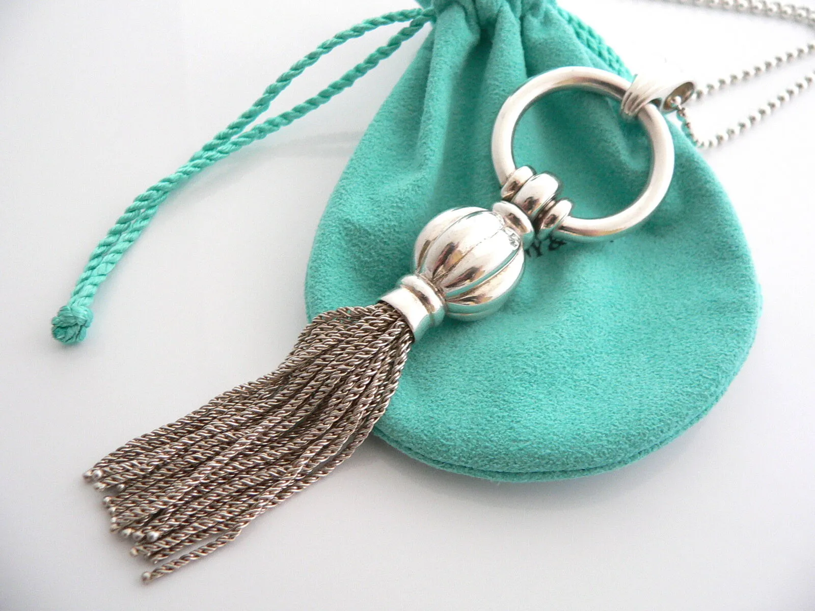 Tiffany & Co Silver Tassel Dangle Dangling Necklace Pendant 34 Inch Gift Pouch