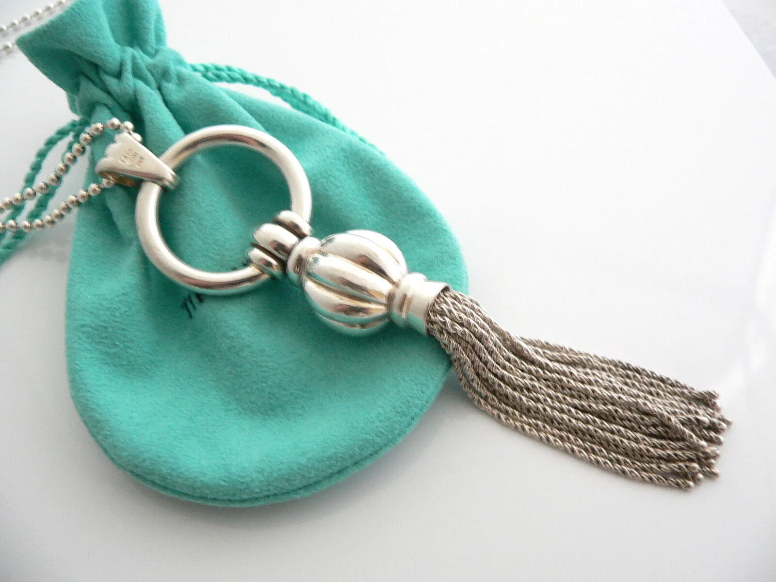 Tiffany & Co Silver Tassel Dangle Dangling Necklace Pendant 34 Inch Gift Pouch