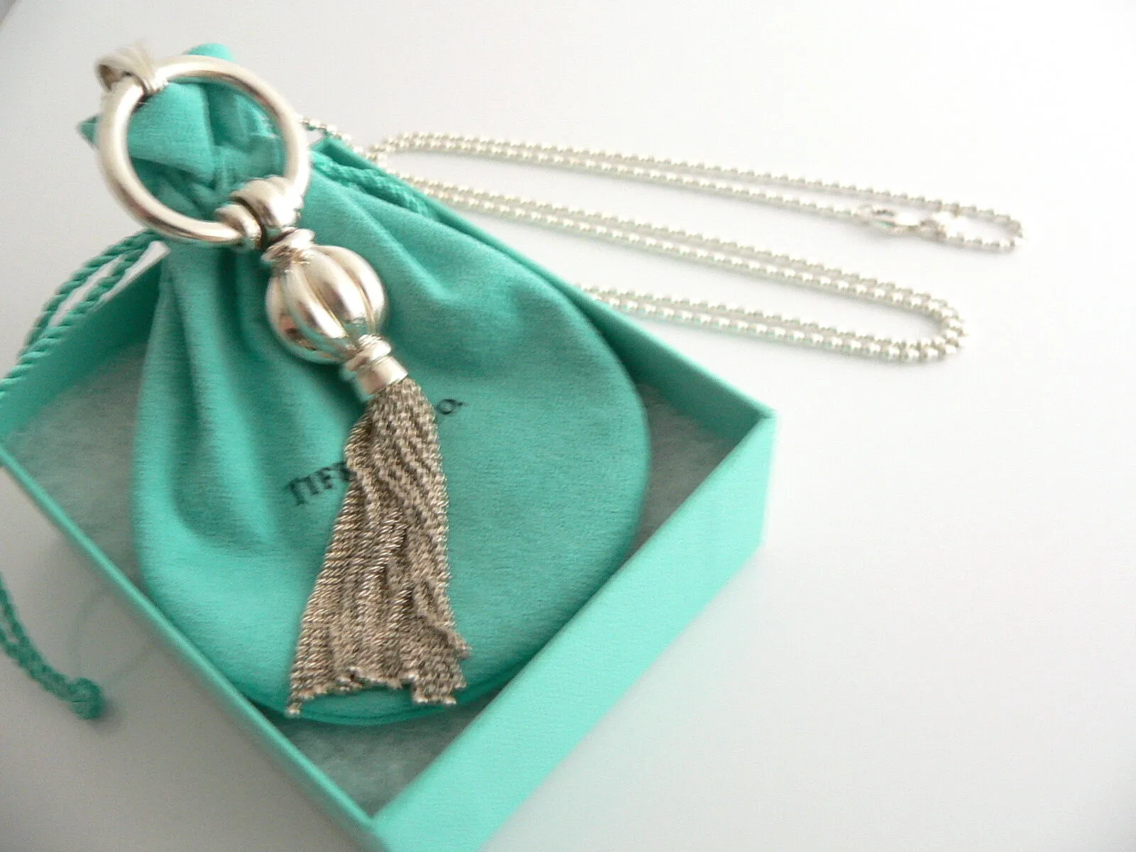 Tiffany & Co Silver Tassel Dangle Dangling Necklace Pendant 34 Inch Gift Pouch