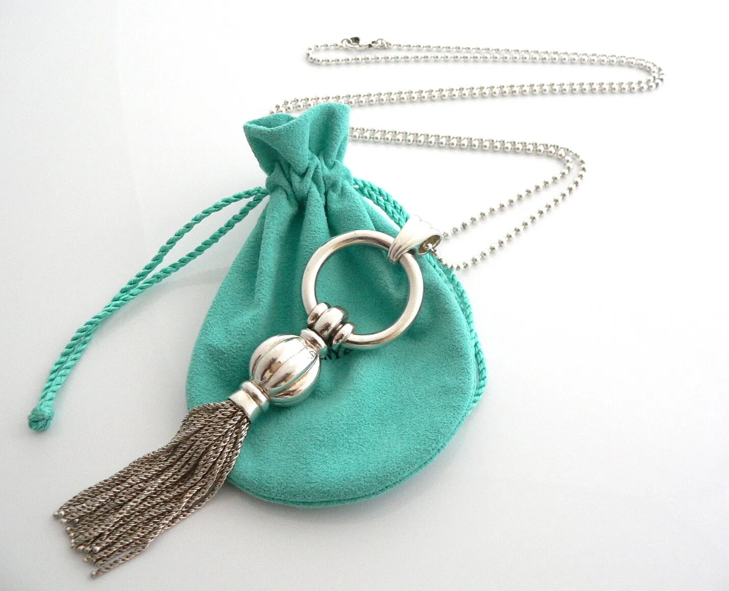 Tiffany & Co Silver Tassel Dangle Dangling Necklace Pendant 34 Inch Gift Pouch
