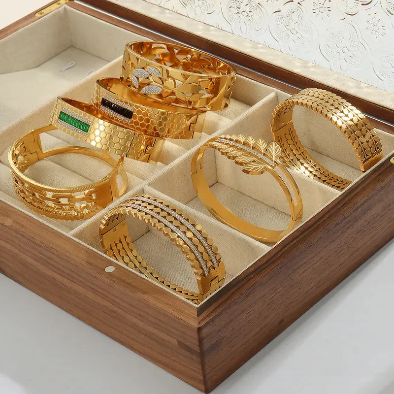 Titanium Steel 18K Gold Plated Casual Elegant Simple Style Leaves Solid Color Layered Inlay Rhinestones Bangle