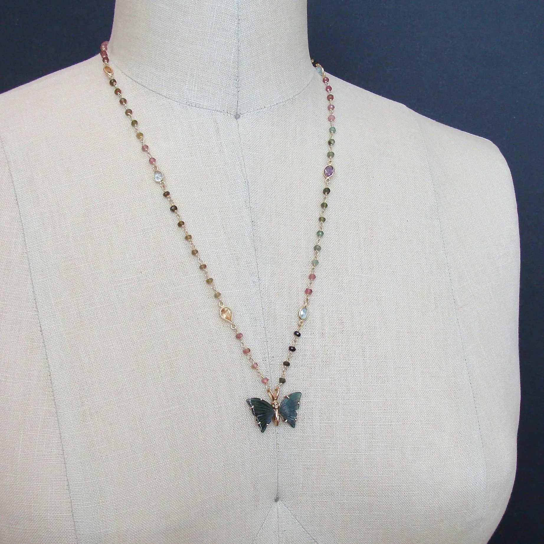 Tourmaline Stations Blue Green Tourmaline Butterfly Necklace - Le Papillon XI Necklace