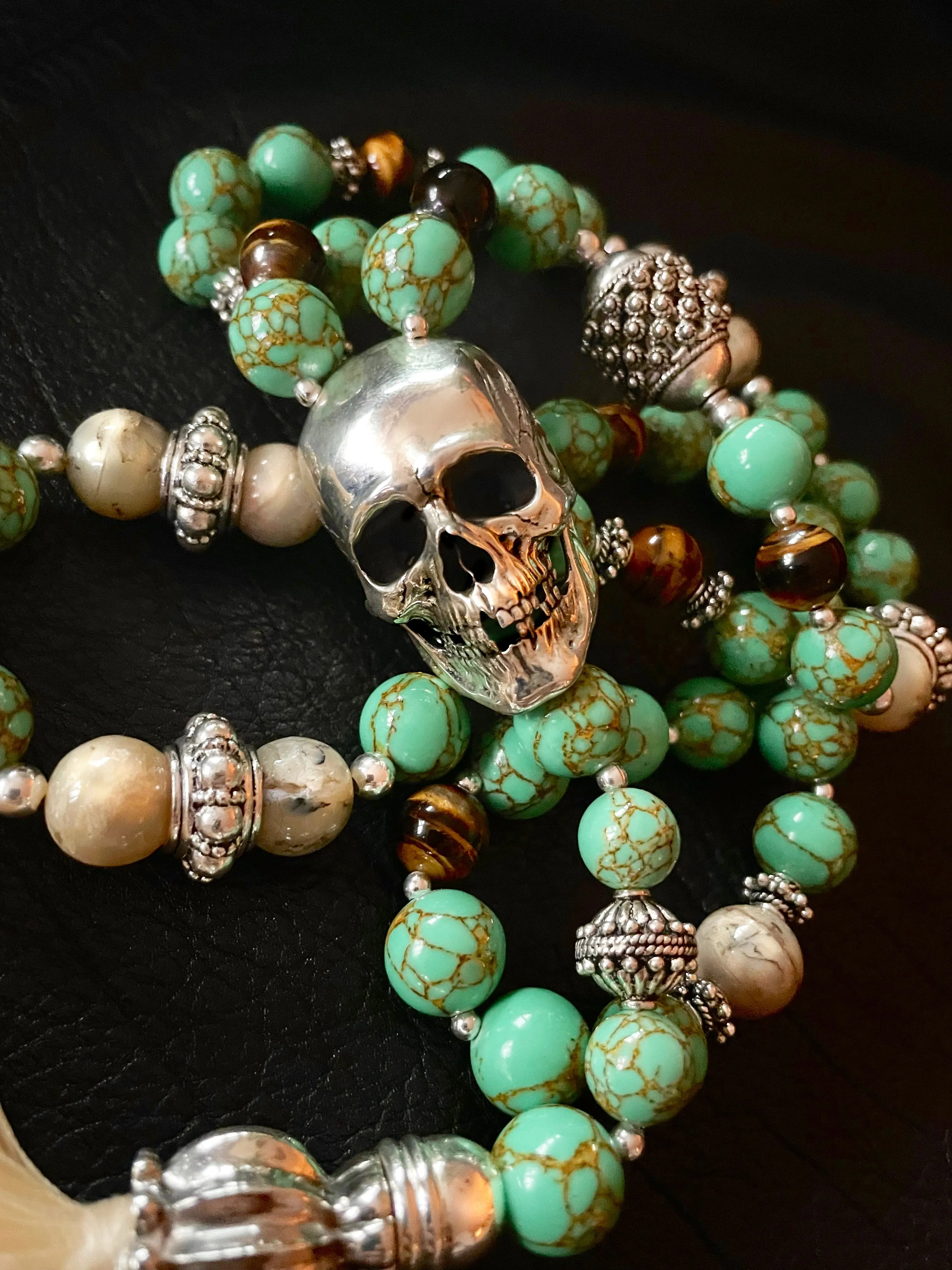Turquoise Mala Chain Silver Skull Necklace