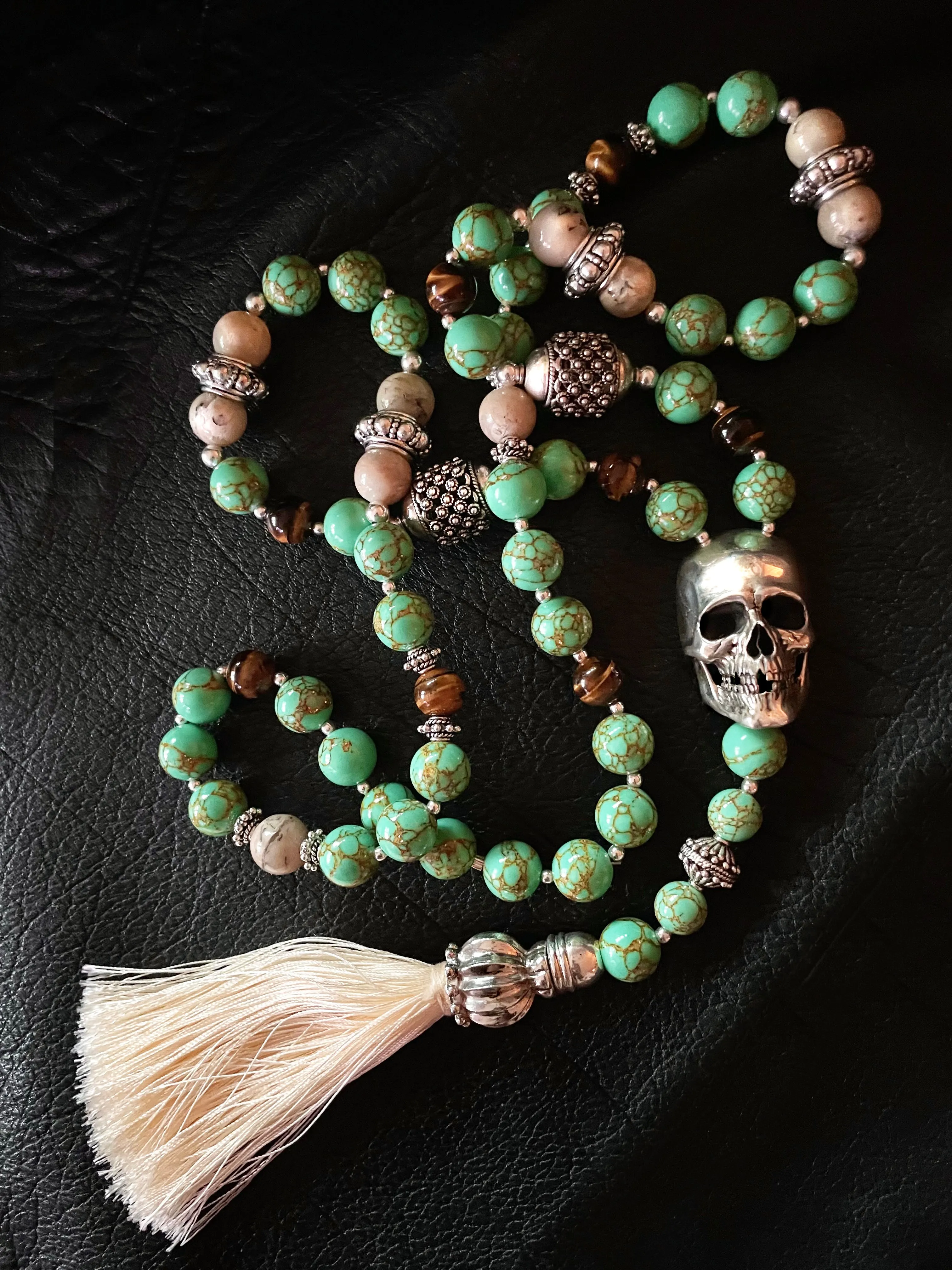 Turquoise Mala Chain Silver Skull Necklace