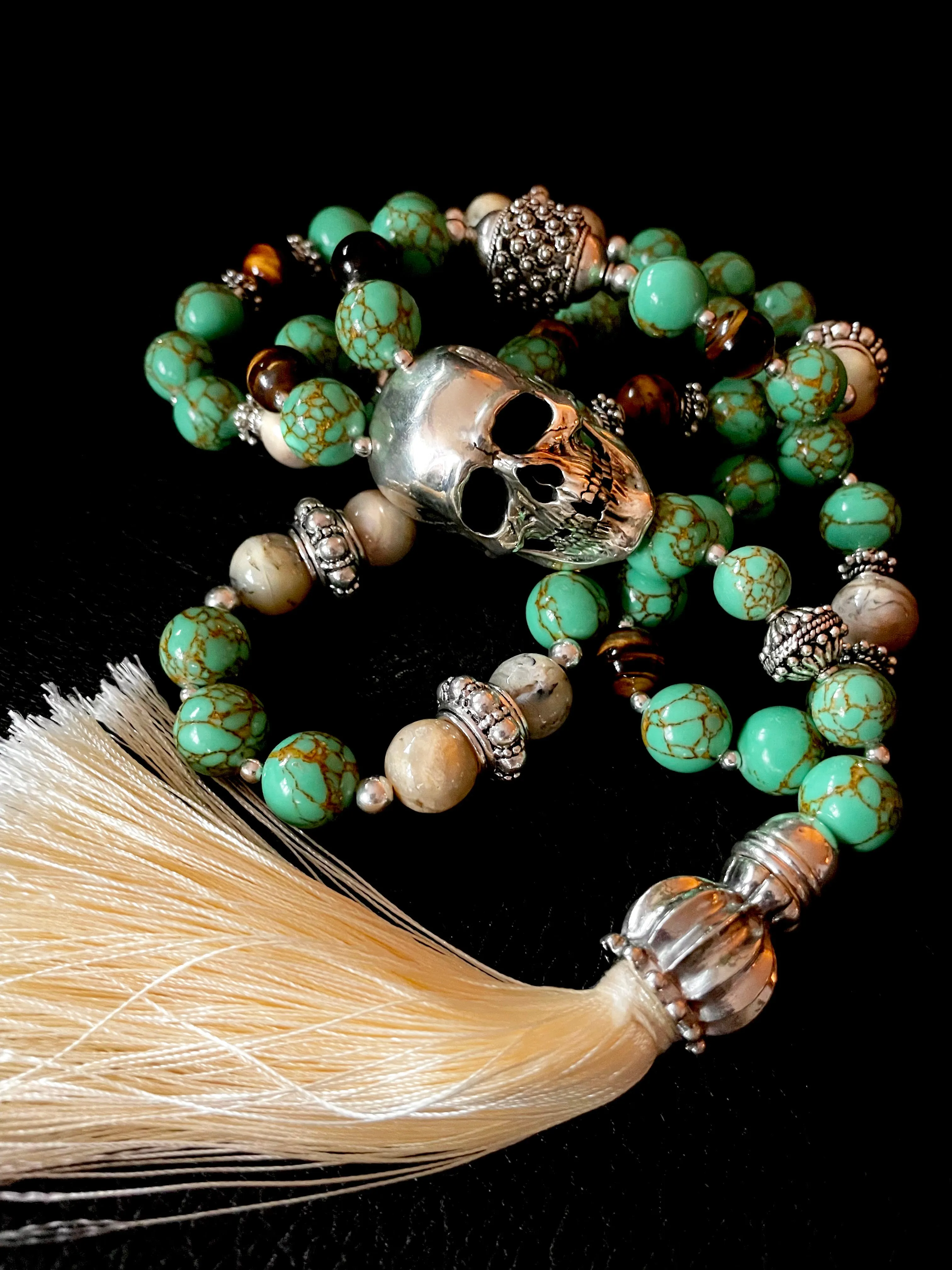 Turquoise Mala Chain Silver Skull Necklace