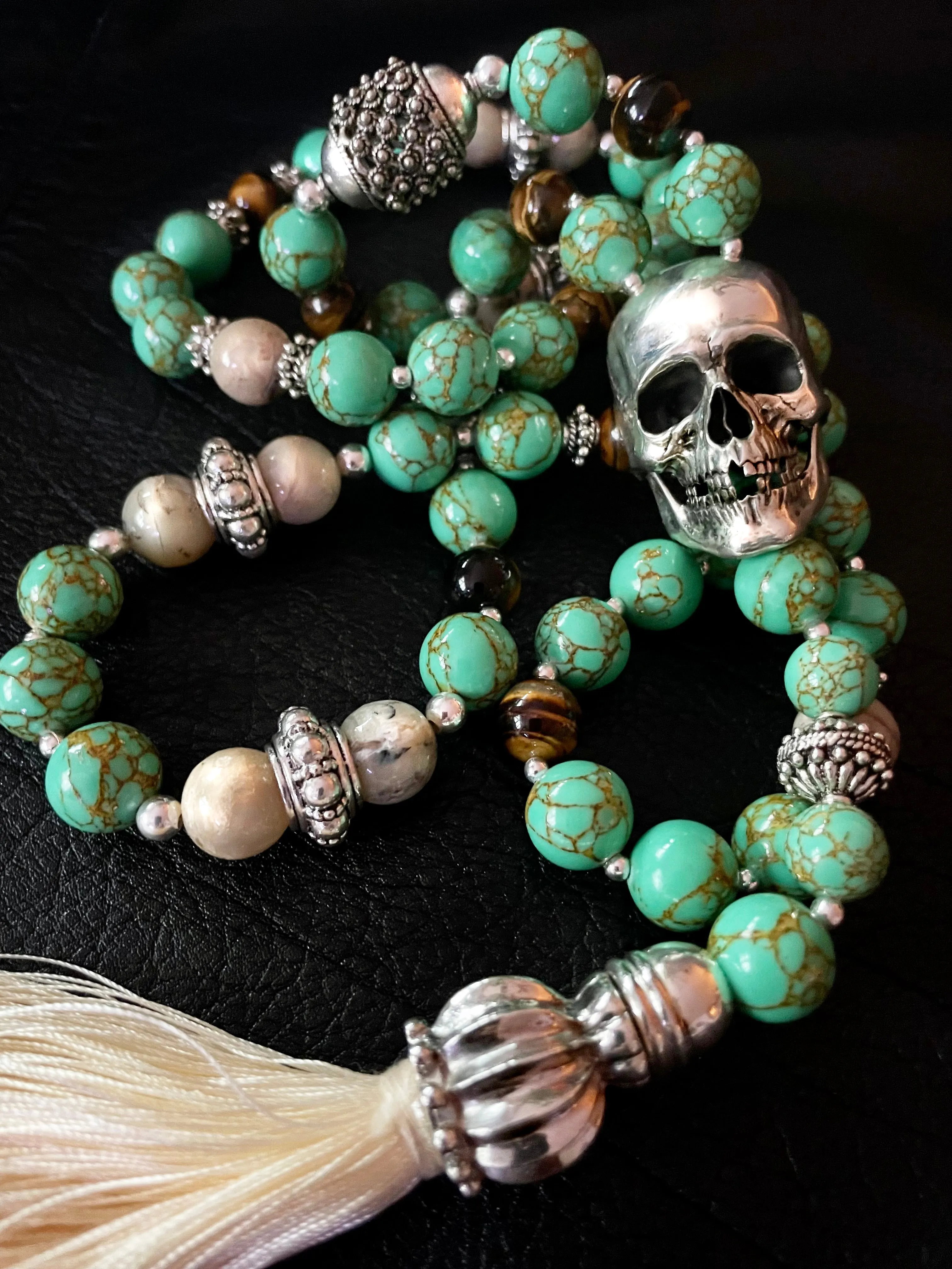 Turquoise Mala Chain Silver Skull Necklace