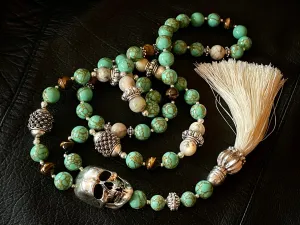 Turquoise Mala Chain Silver Skull Necklace