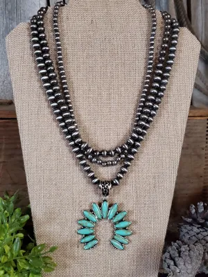 Turquoise Squash Blossom and Silver Navajo Pearl Necklace