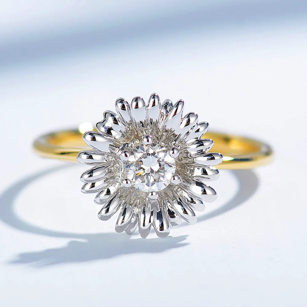Two Tone Gold Daisy Flower Diamond Ring