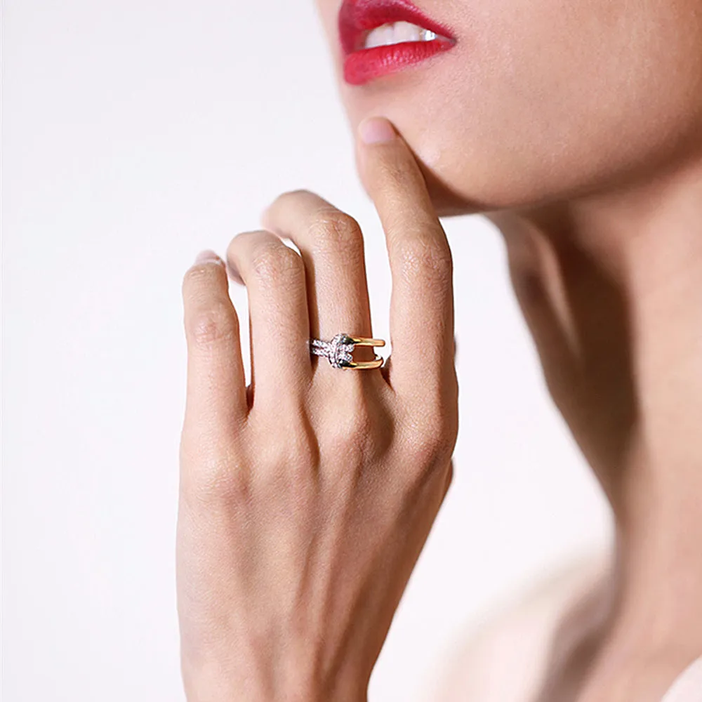 Two Tone Gold Diamond Pave Love Knot Ring