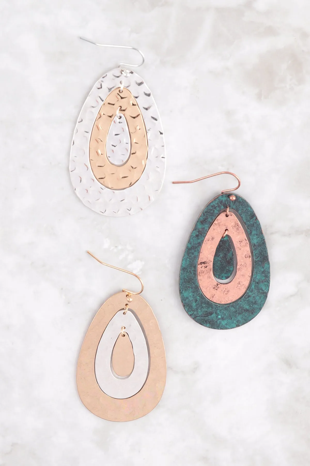 TWO TONE HAMMERED PEAR SHAPED EARRINGS