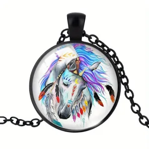 Unicorn Glass Necklace Colorful Sky Horse Pendant Long Necklace Jewelry for Men