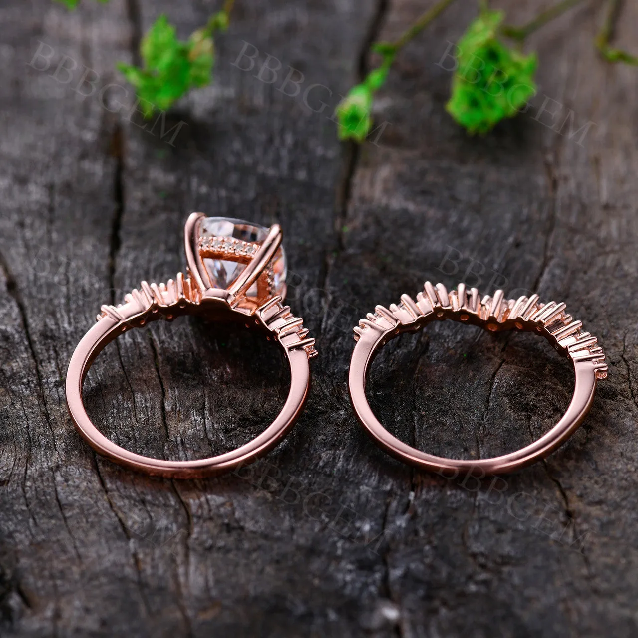 Unique 1.7 Carat Cushion Cut Moissanite Bridal Ring Set With Cluster Moissanite Matching Band Rose Gold