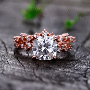 Unique 1.7 Carat Cushion Cut Moissanite Bridal Ring Set With Cluster Moissanite Matching Band Rose Gold