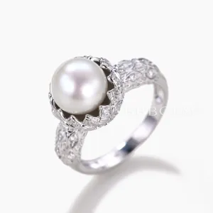 Unique 9mm Pearl Engagement Ring Round Cut Vintage Lotus Diamond White Gold Ring