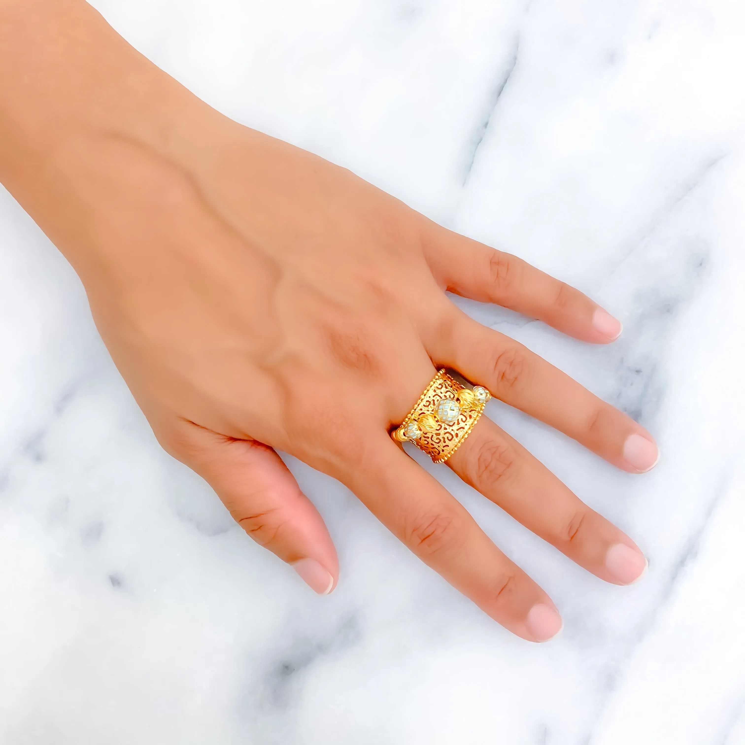 Unique Enameled Orb 21k Gold Netted Ring