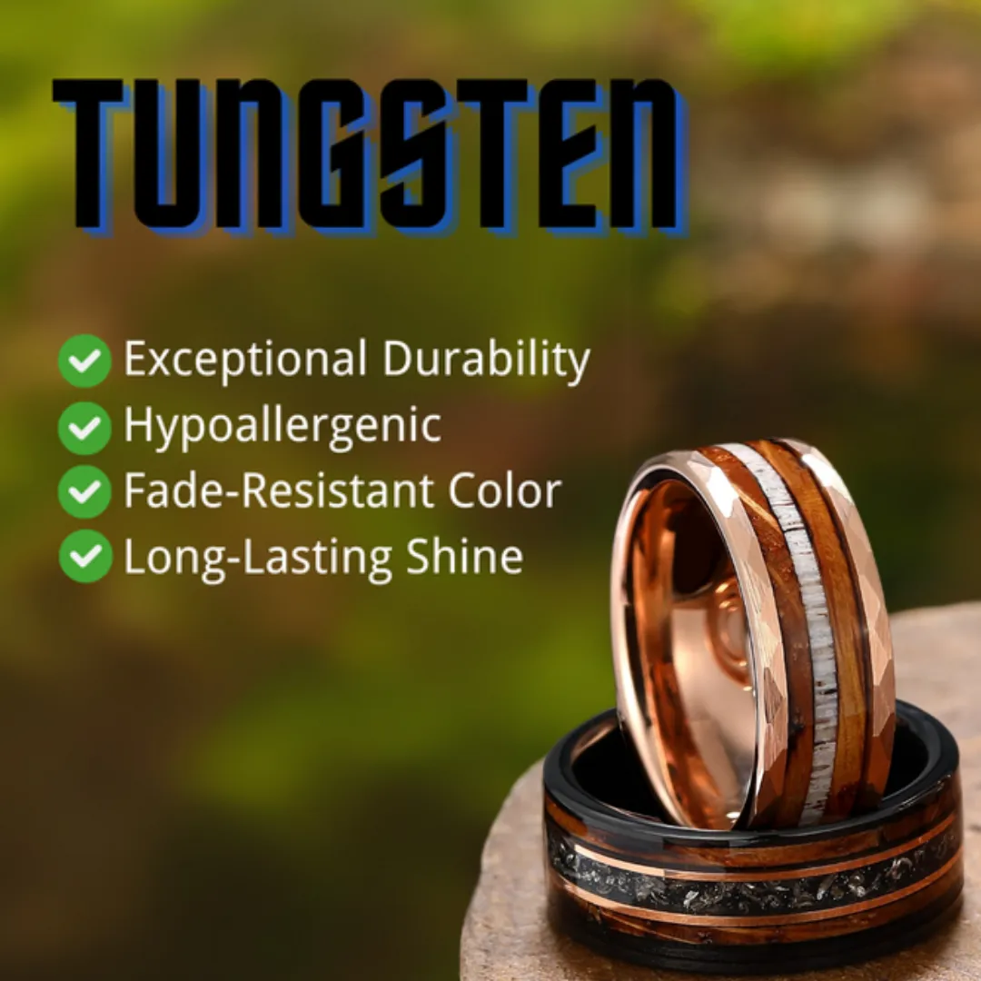 Unique Hammered Wide Wood Tungsten Wedding Bands Promise Couple Rings Set