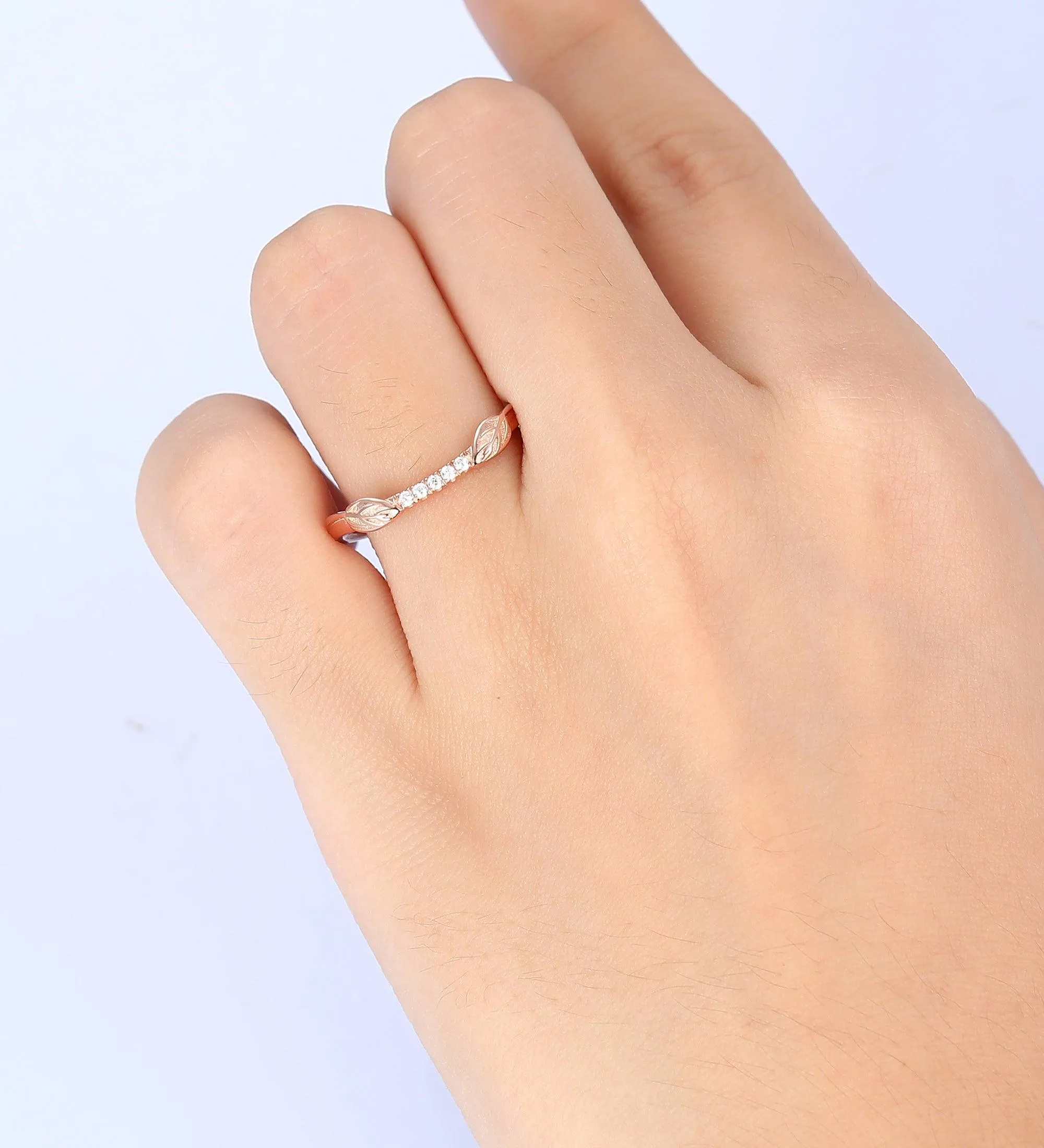 unique moissanite wedding band curved leaf band women unique leaf stacking matching rings