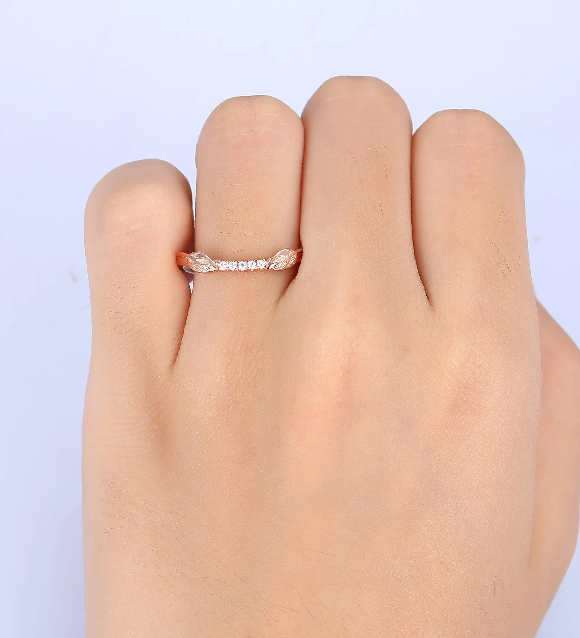unique moissanite wedding band curved leaf band women unique leaf stacking matching rings