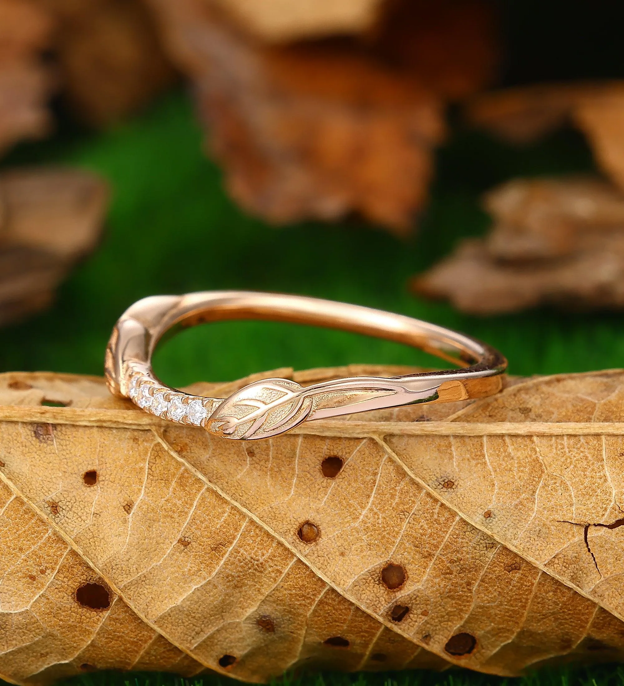 unique moissanite wedding band curved leaf band women unique leaf stacking matching rings