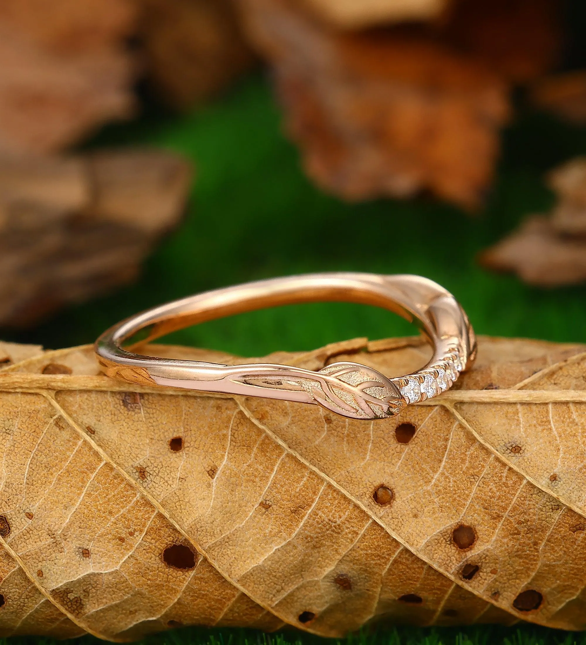 unique moissanite wedding band curved leaf band women unique leaf stacking matching rings