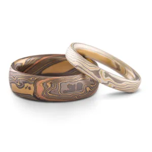 Unique Mokume Gane Twist Pattern Ring or Wedding Band Set in Flare Palette