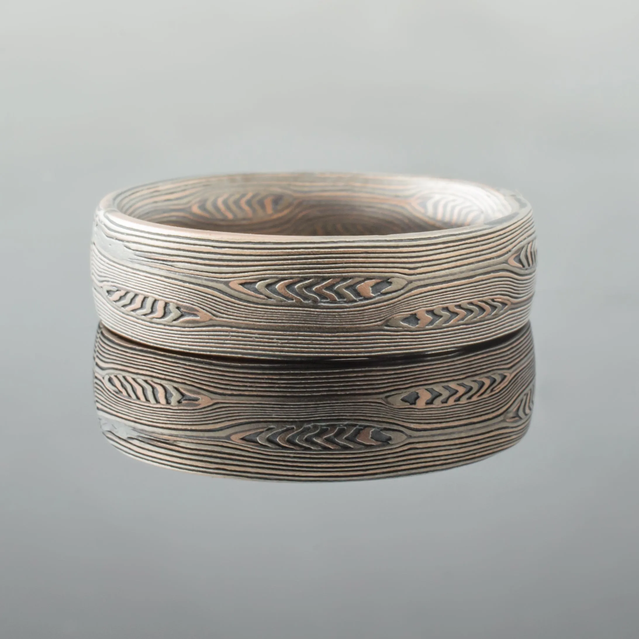 Unique Mokume Gane Wedding Band or Ring in Embers Palette and Flow Pattern