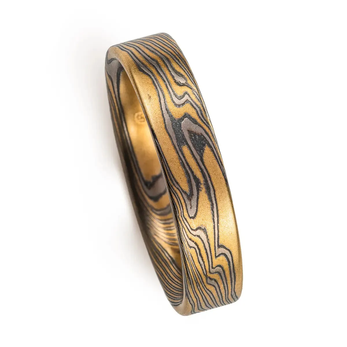 Unique Mokume Gane Wedding Band or Ring in Flare Palette and Twist Pattern with an Etched Finish
