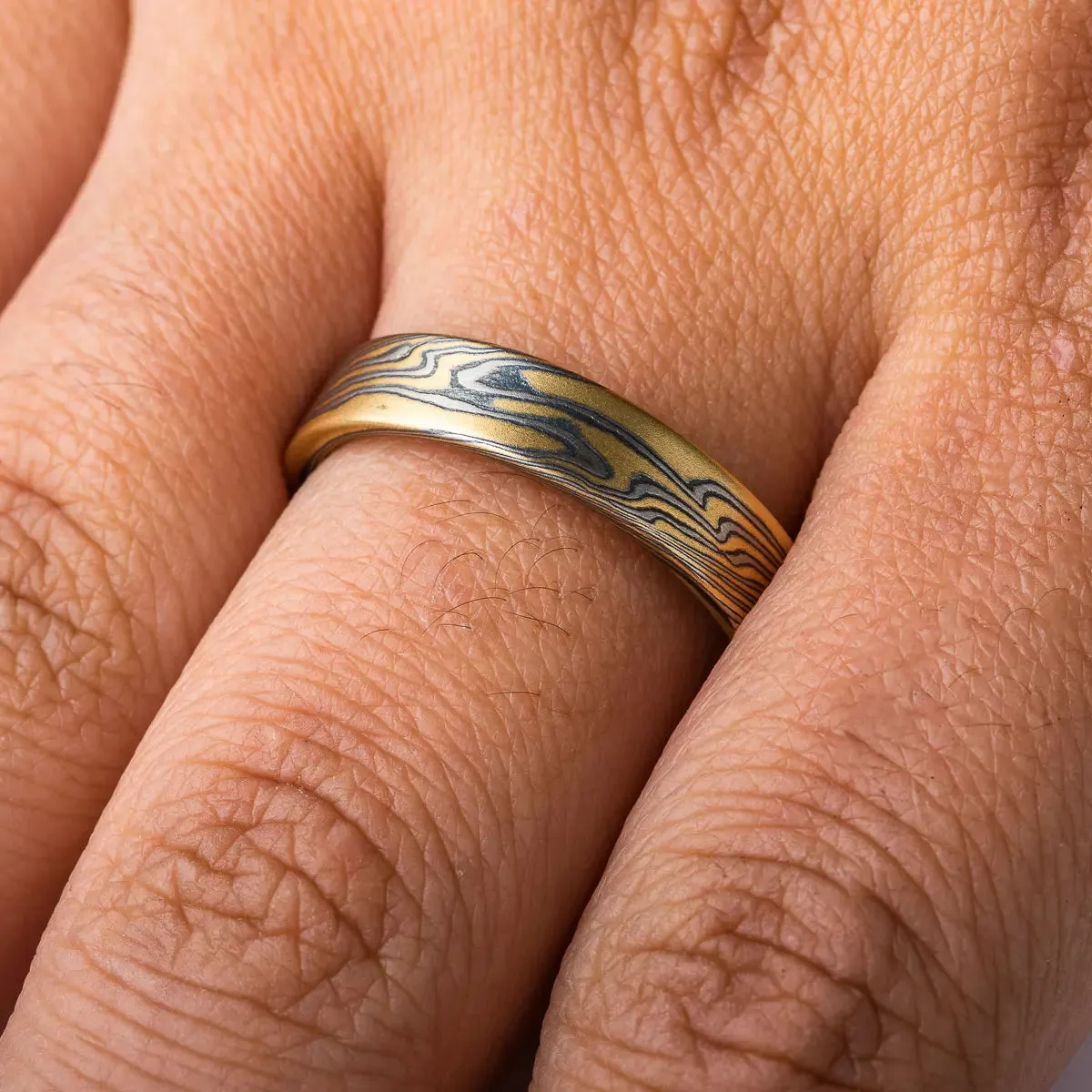Unique Mokume Gane Wedding Band or Ring in Flare Palette and Twist Pattern with an Etched Finish