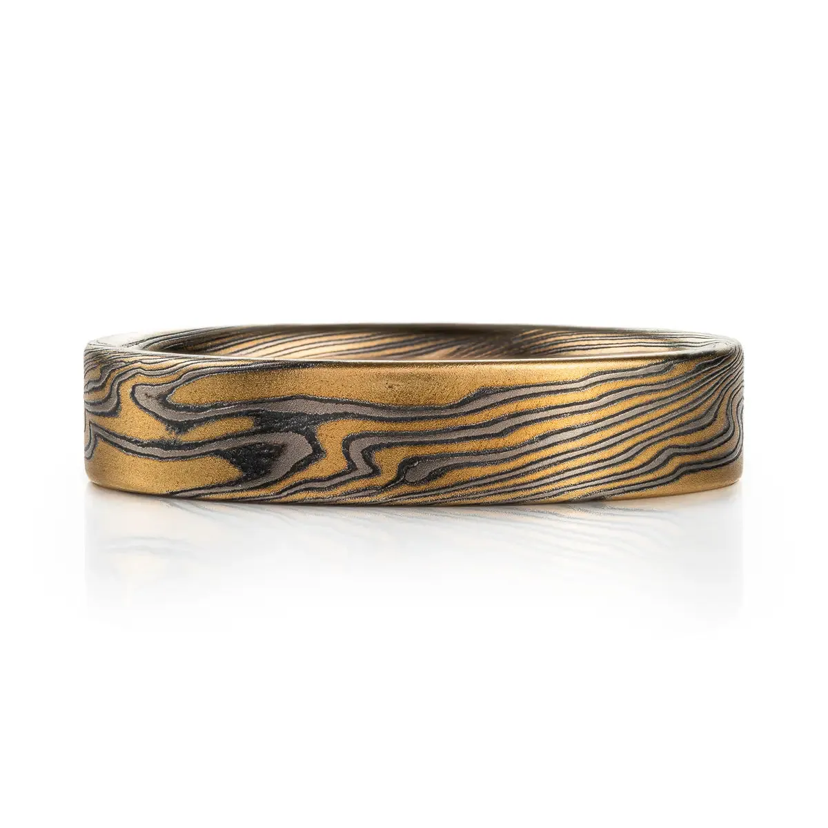 Unique Mokume Gane Wedding Band or Ring in Flare Palette and Twist Pattern with an Etched Finish