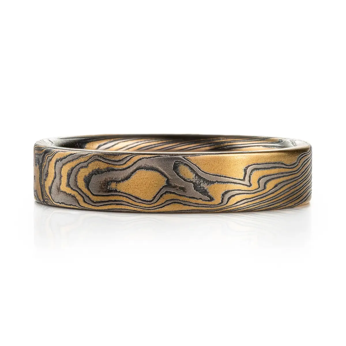 Unique Mokume Gane Wedding Band or Ring in Flare Palette and Twist Pattern with an Etched Finish