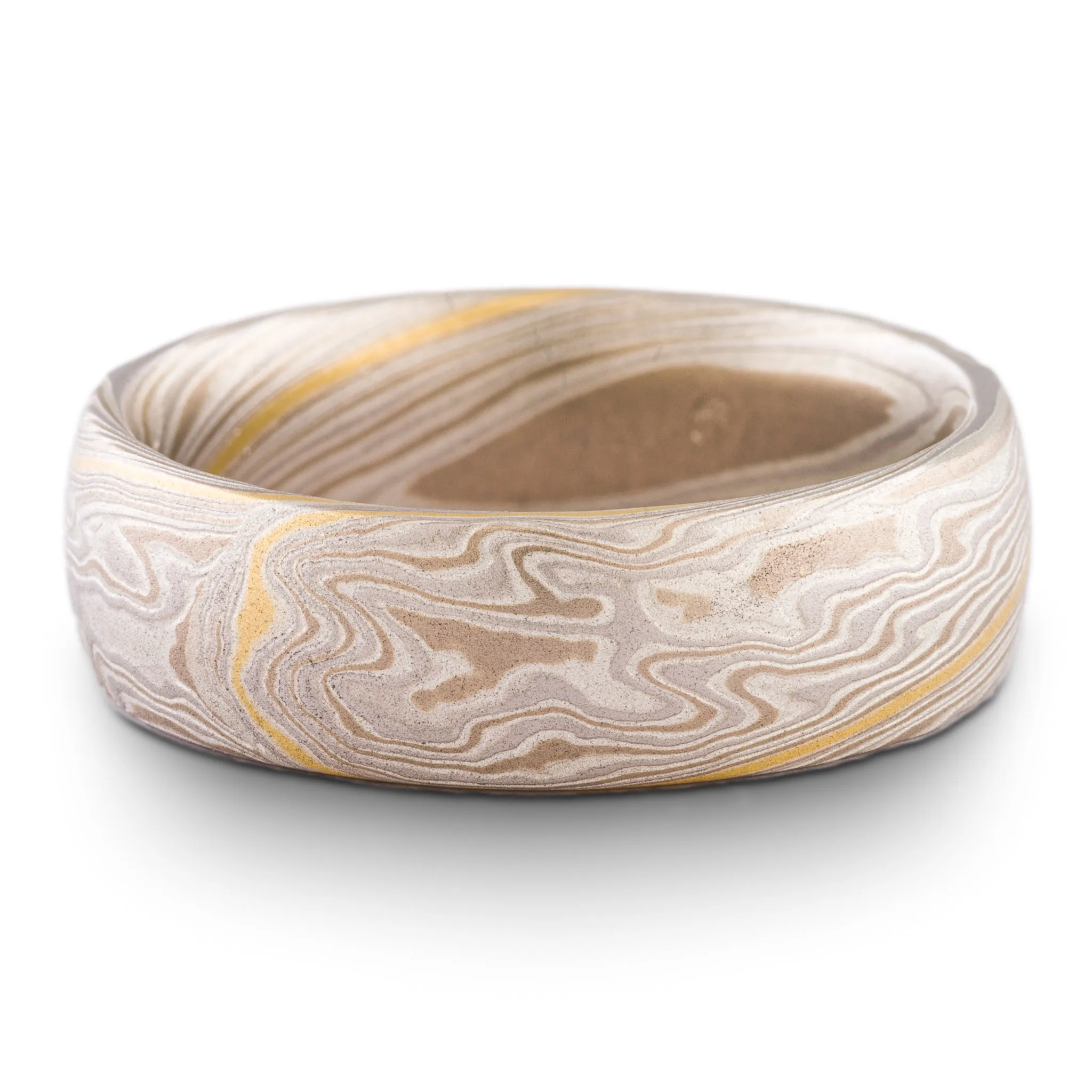 Unique Mokume Gane Wedding Band or Ring in Twist Pattern and Smoke Palette with 18k Gold Stratum