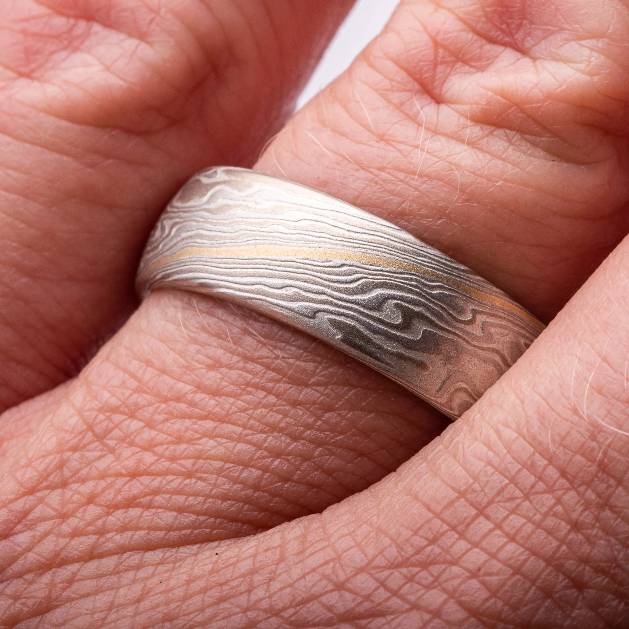 Unique Mokume Gane Wedding Band or Ring in Twist Pattern and Smoke Palette with 18k Gold Stratum