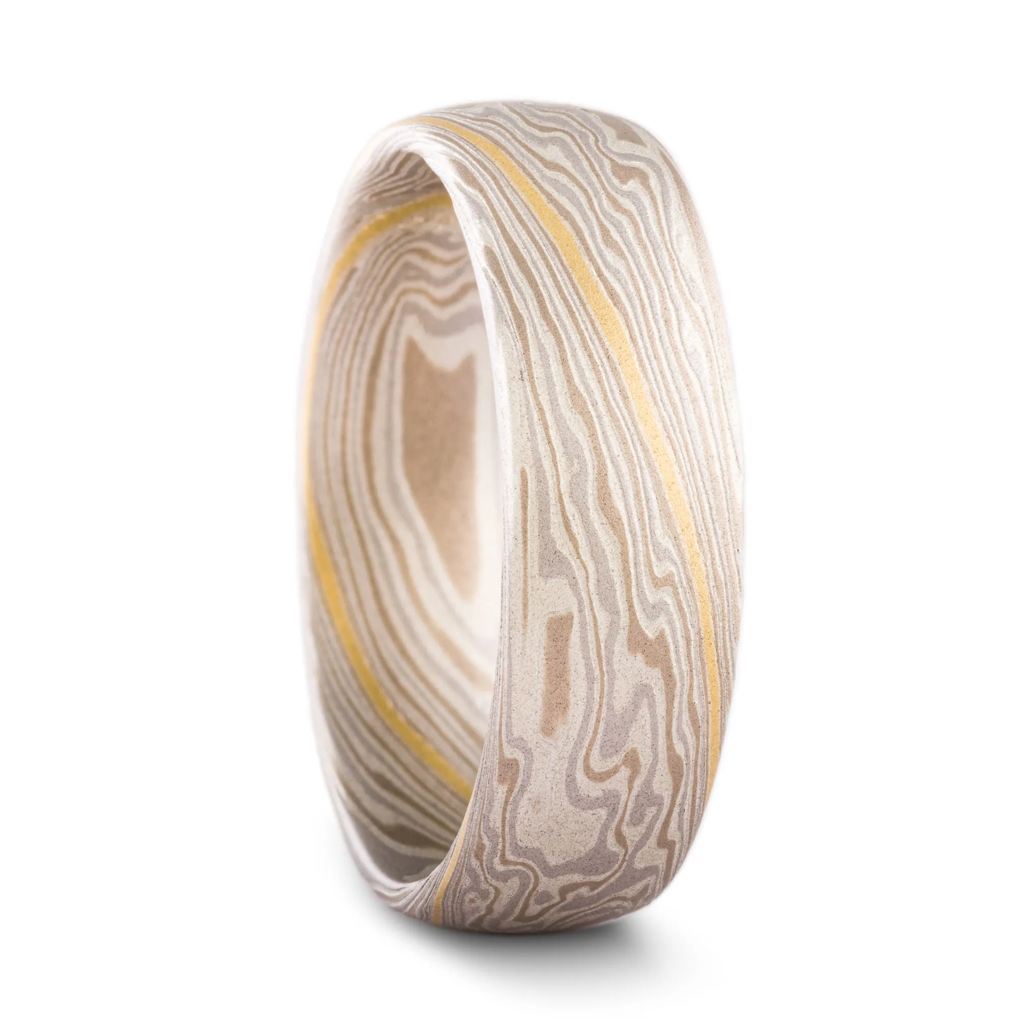 Unique Mokume Gane Wedding Band or Ring in Twist Pattern and Smoke Palette with 18k Gold Stratum