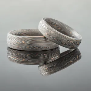 Unique Mokume Gane Wedding Band Set or Rings in Embers Palette and Flow Pattern with Mokume Knots