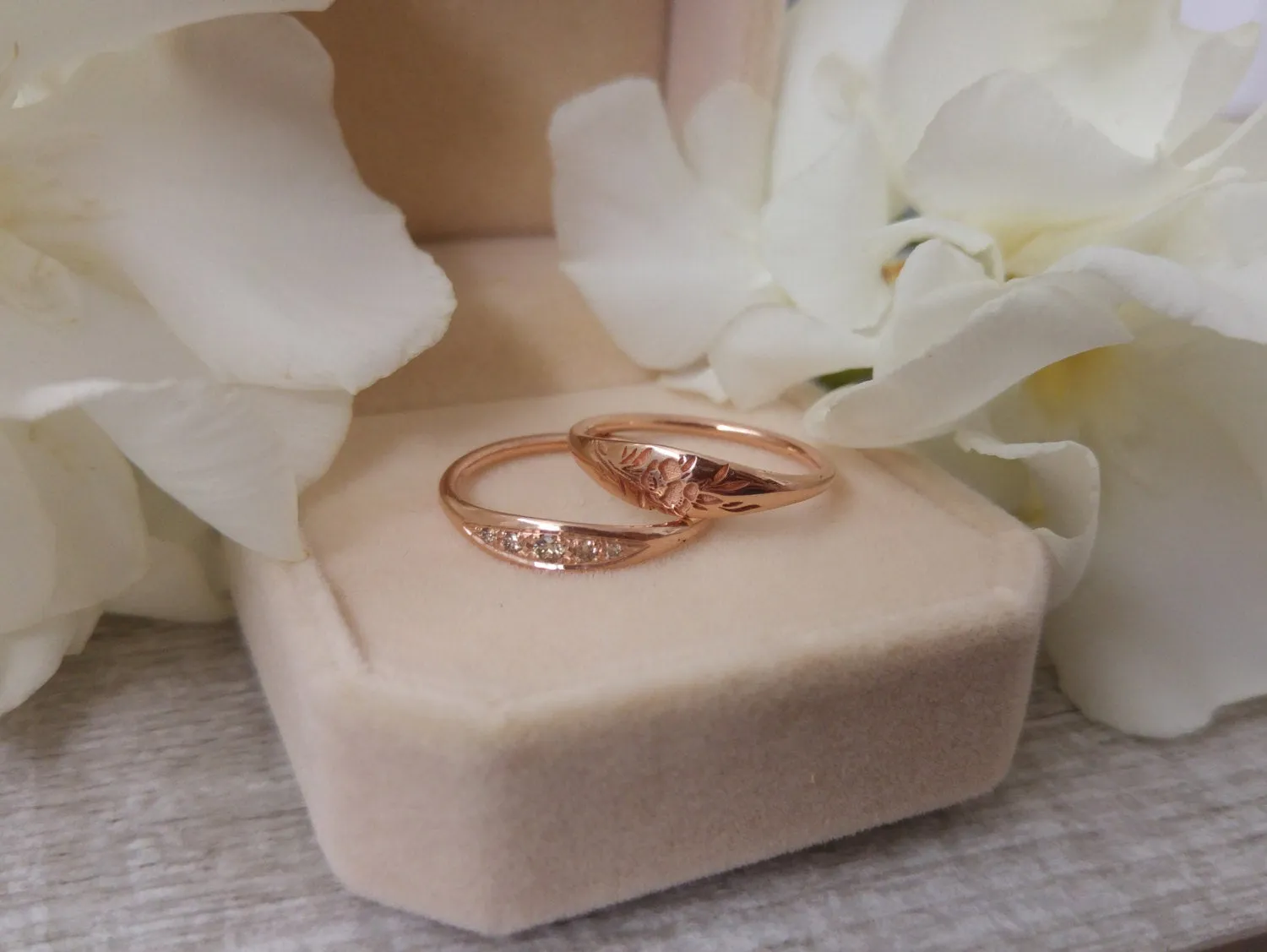 Unique Rose gold ring, Vintage style engagement and wedding rings, Cognac diamonds engagement ring, unique engagement and wedding ring set
