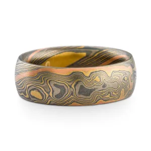 Unique Rustic Mokume Gane Wedding Band or Ring in Flare Palette and Twist Pattern with Red Gold Stratum