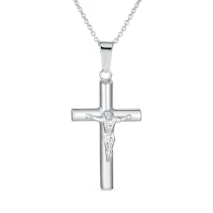 Unisex Sterling Silver Jesus Crucifix Pendant Necklace 2 Inch Religious Jewelry