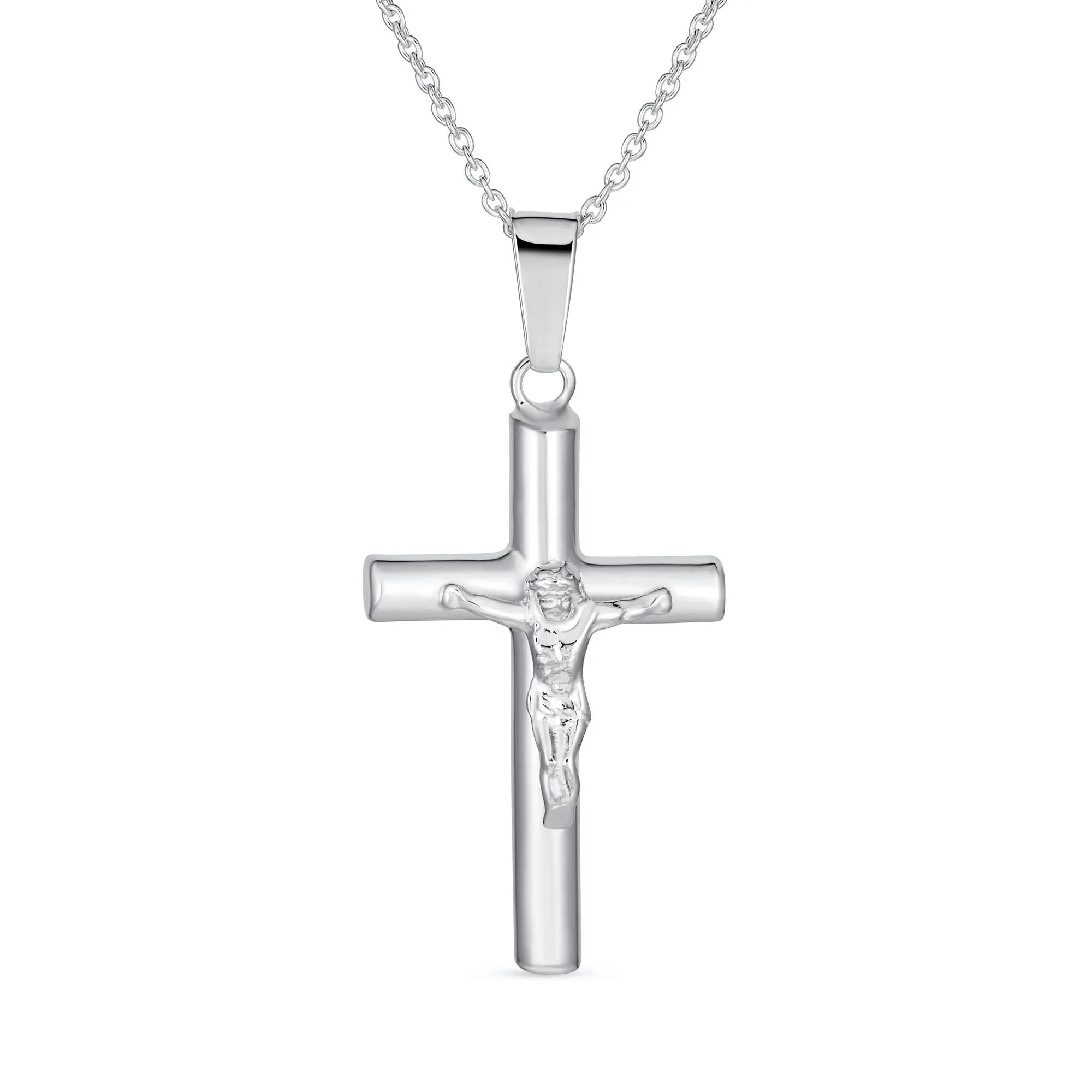 Unisex Sterling Silver Jesus Crucifix Pendant Necklace 2 Inch Religious Jewelry