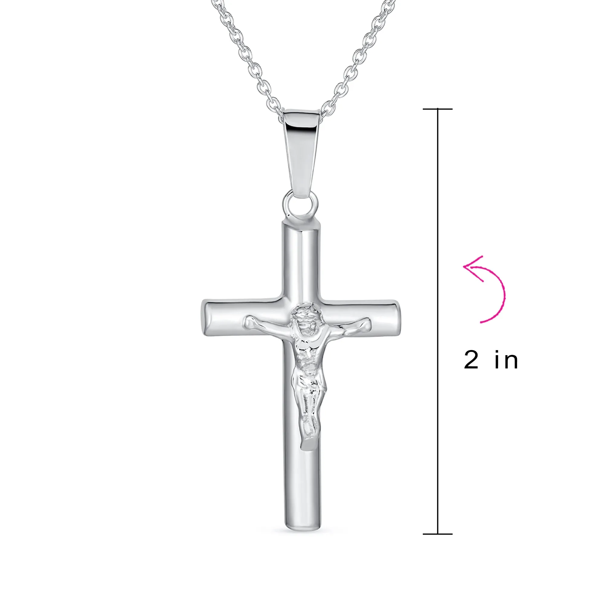 Unisex Sterling Silver Jesus Crucifix Pendant Necklace 2 Inch Religious Jewelry