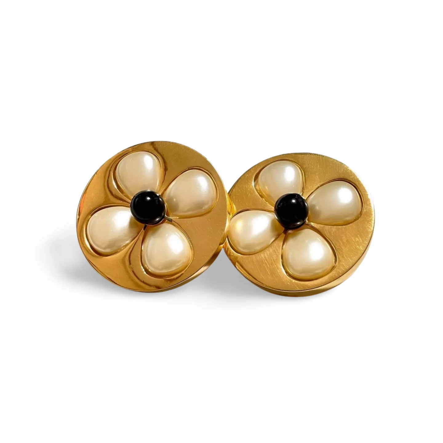 Vintage CHANEL round jumbo earrings with faux pearl petal flower, clover motifs. Very chic and mod jewelry. 061126ac2