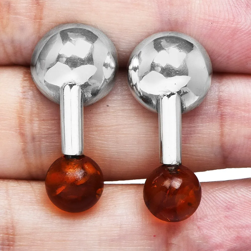 Vintage Designer Sterling Silver and Amber Bead Drop Earrings