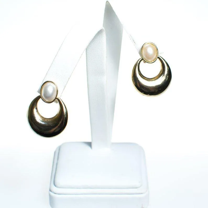 Vintage Joy Jewelry Gold Doorknocker Earrings with Faux Pearl New Old Stock Pierced